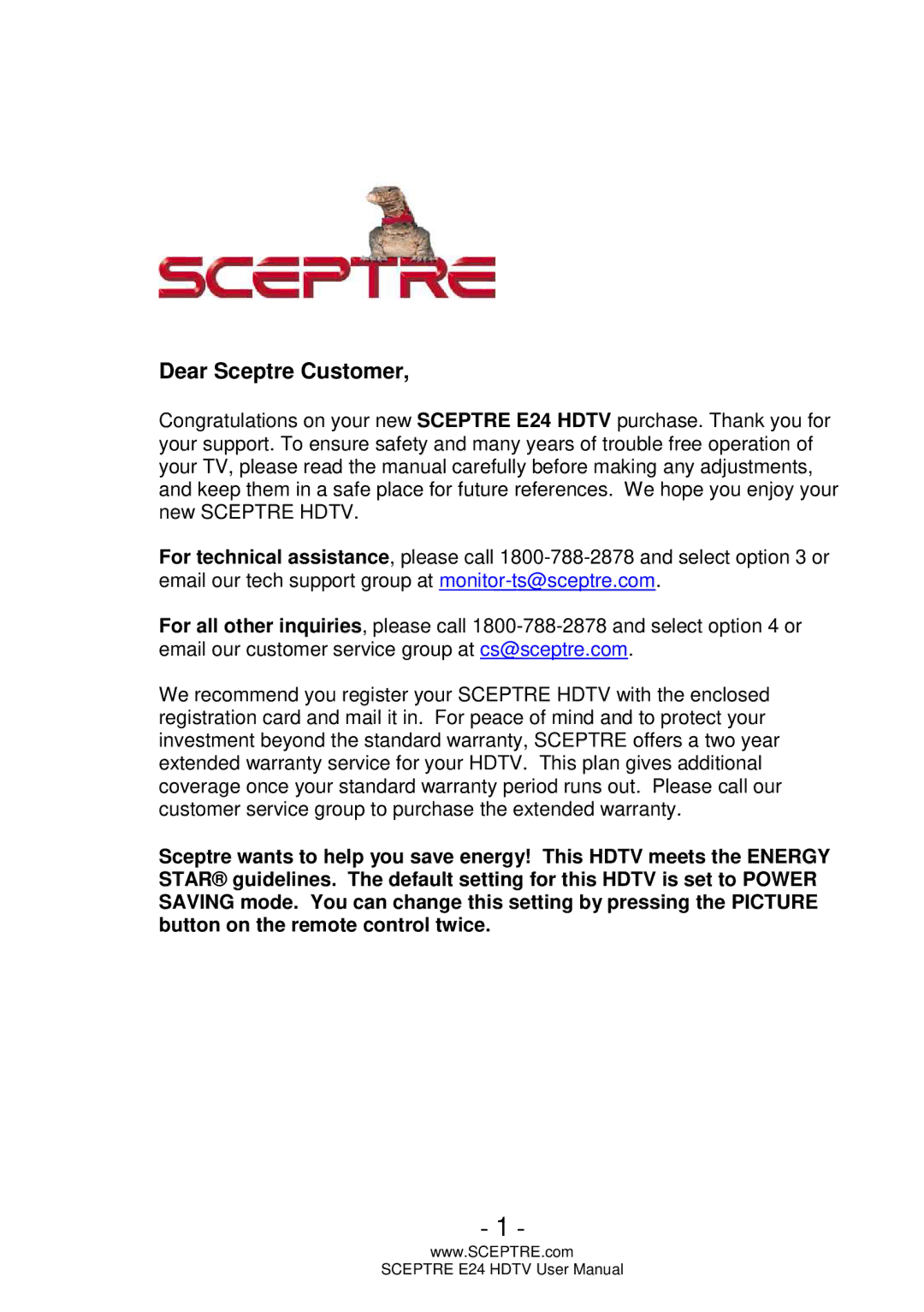 Sceptre Technologies E24 user manual Dear Sceptre Customer 