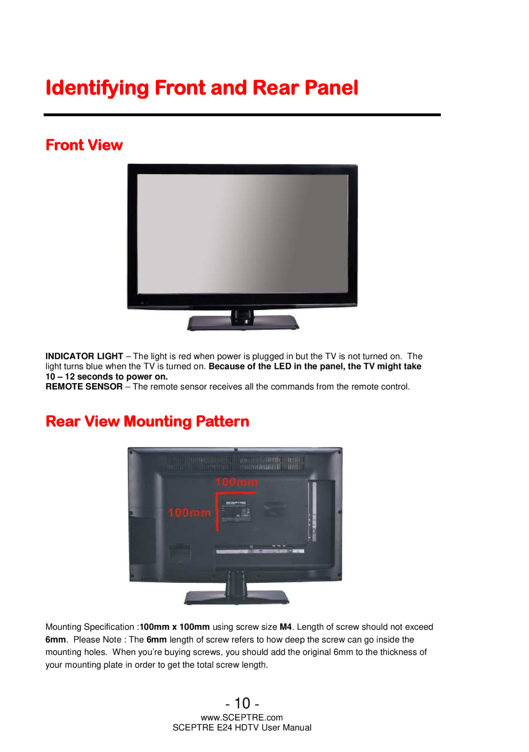 Sceptre Technologies E24 user manual Identifying Front and Rear Panel, Front View, Rear View Mounting Pattern 