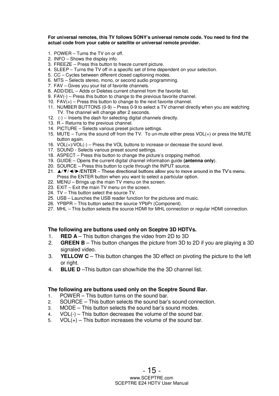 Sceptre Technologies E24 user manual Following are buttons used only on Sceptre 3D HDTVs 