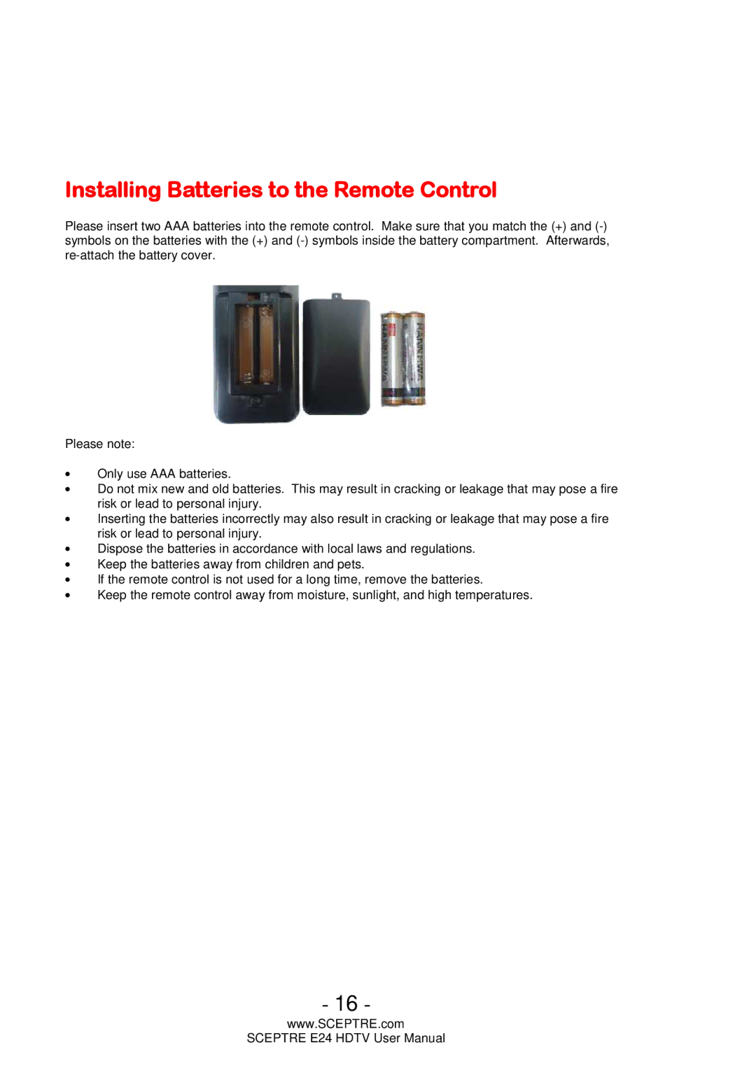 Sceptre Technologies E24 user manual Installing Batteries to the Remote Control 