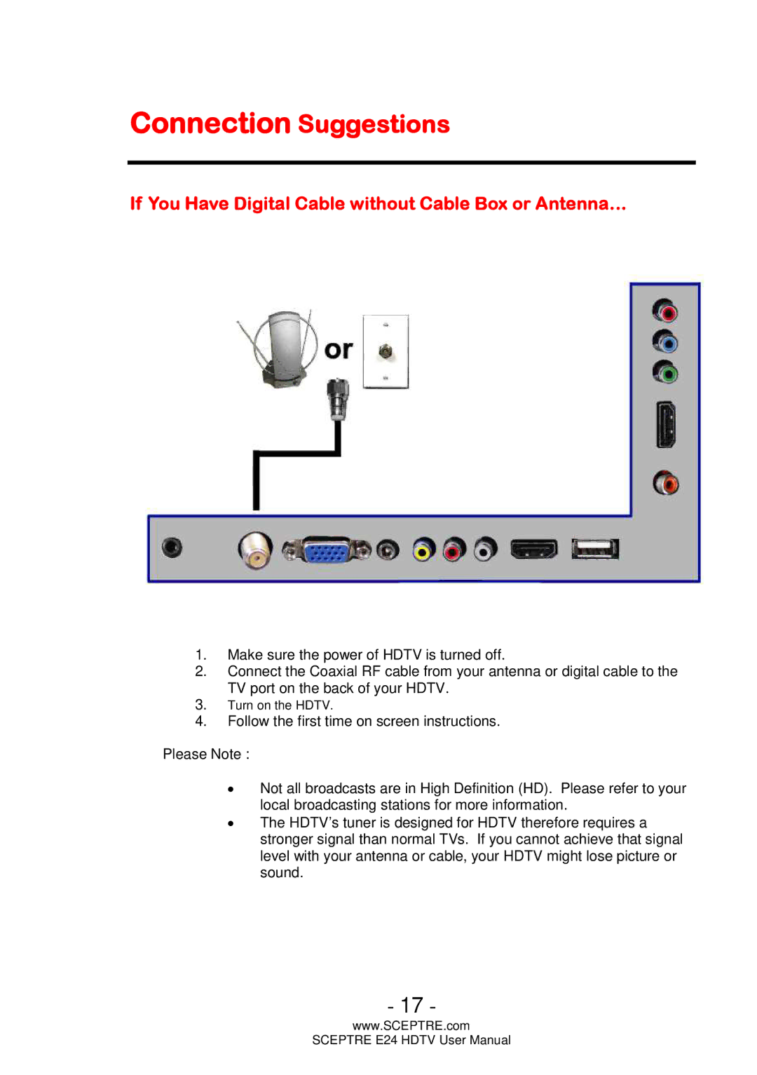 Sceptre Technologies E24 user manual Connection Suggestions, If You Have Digital Cable without Cable Box or Antenna… 