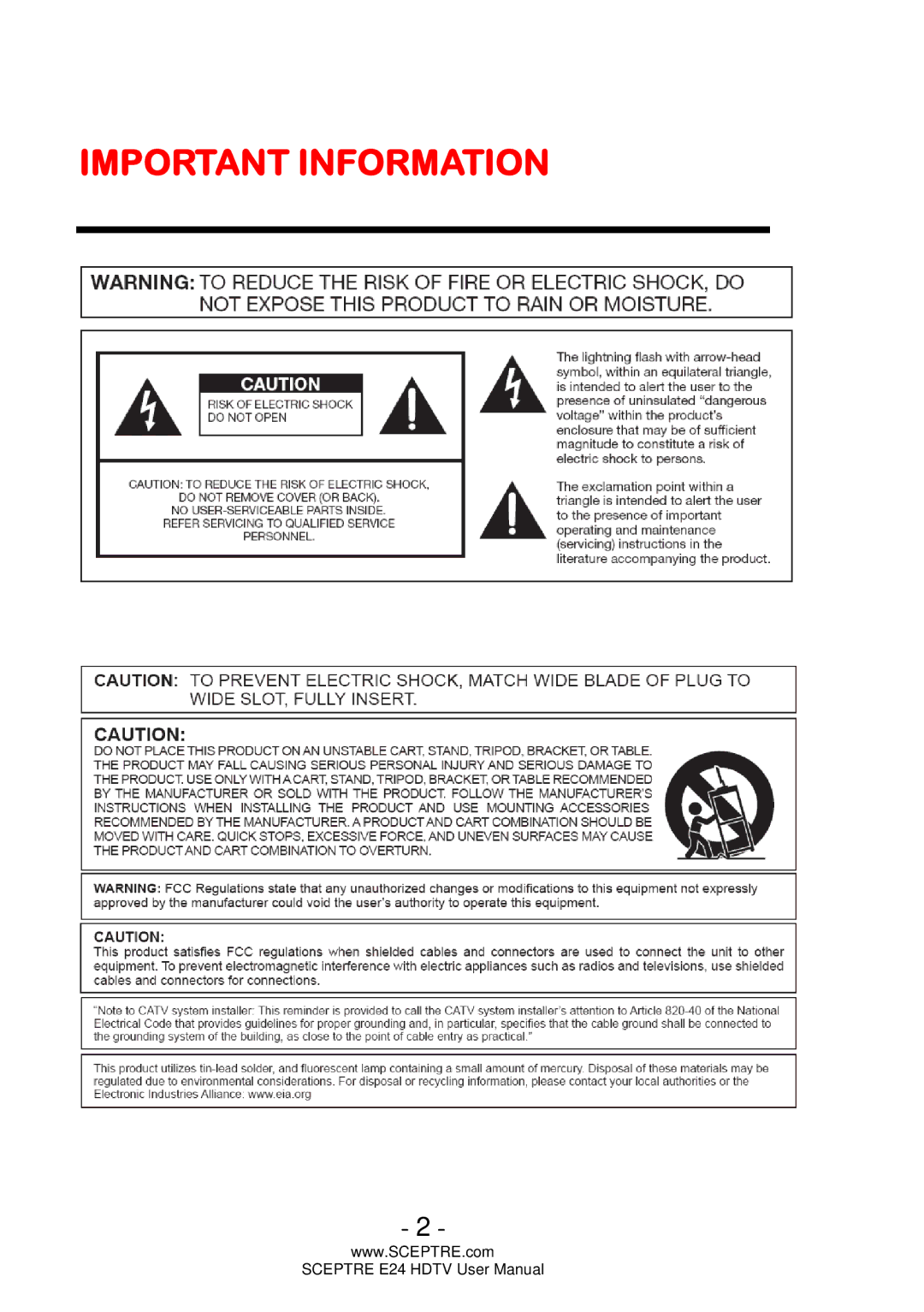 Sceptre Technologies E24 user manual Important Information 