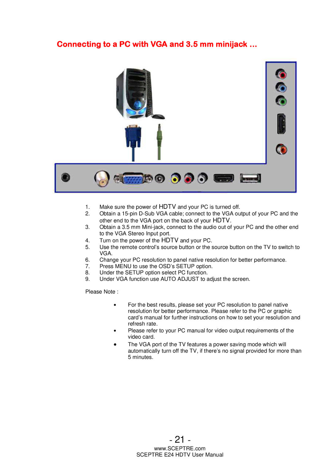 Sceptre Technologies E24 user manual Connecting to a PC with VGA and 3.5 mm minijack … 