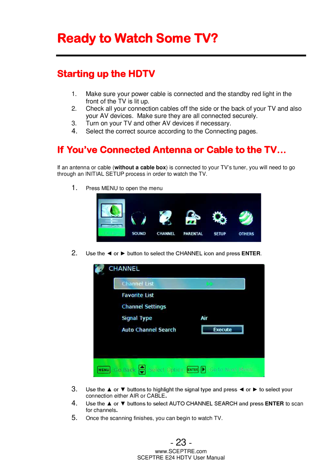 Sceptre Technologies E24 Ready to Watch Some TV?, Starting up the Hdtv, If You’ve Connected Antenna or Cable to the TV… 