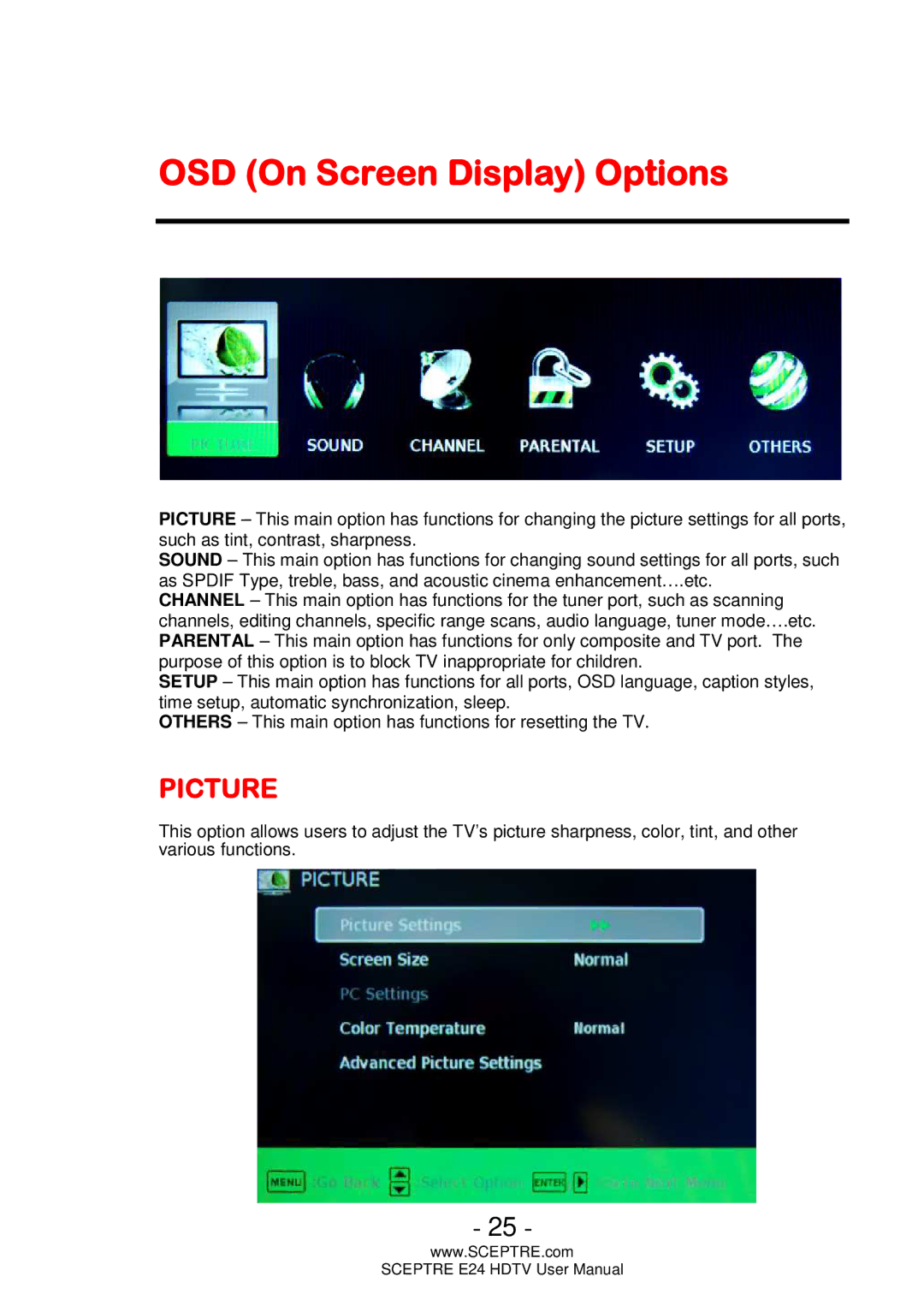 Sceptre Technologies E24 user manual OSD On Screen Display Options, Picture 