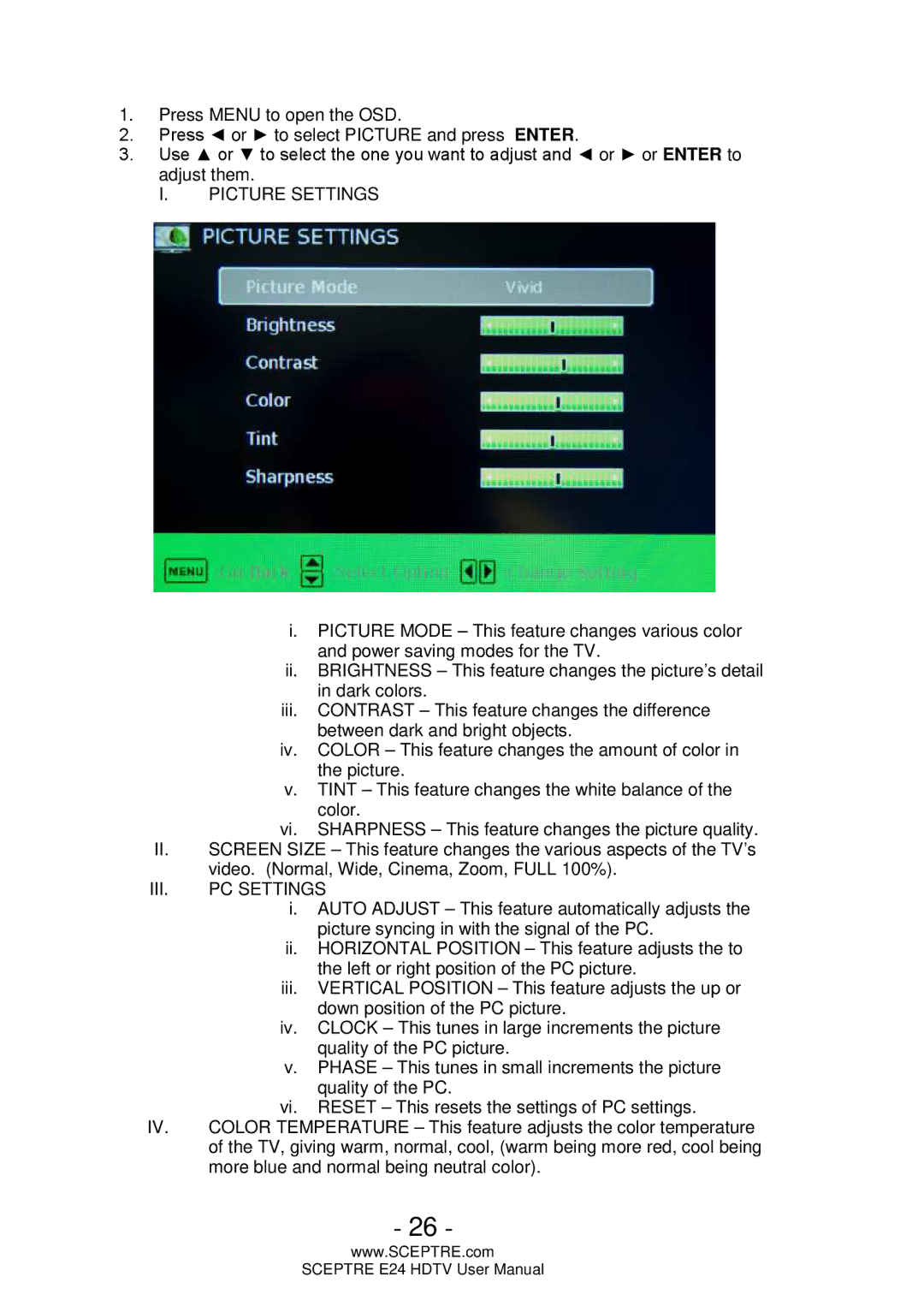 Sceptre Technologies E24 user manual Picture Settings 