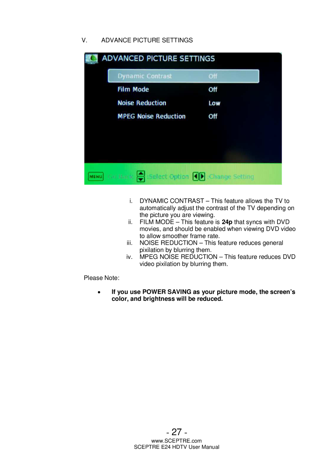 Sceptre Technologies E24 user manual Advance Picture Settings 