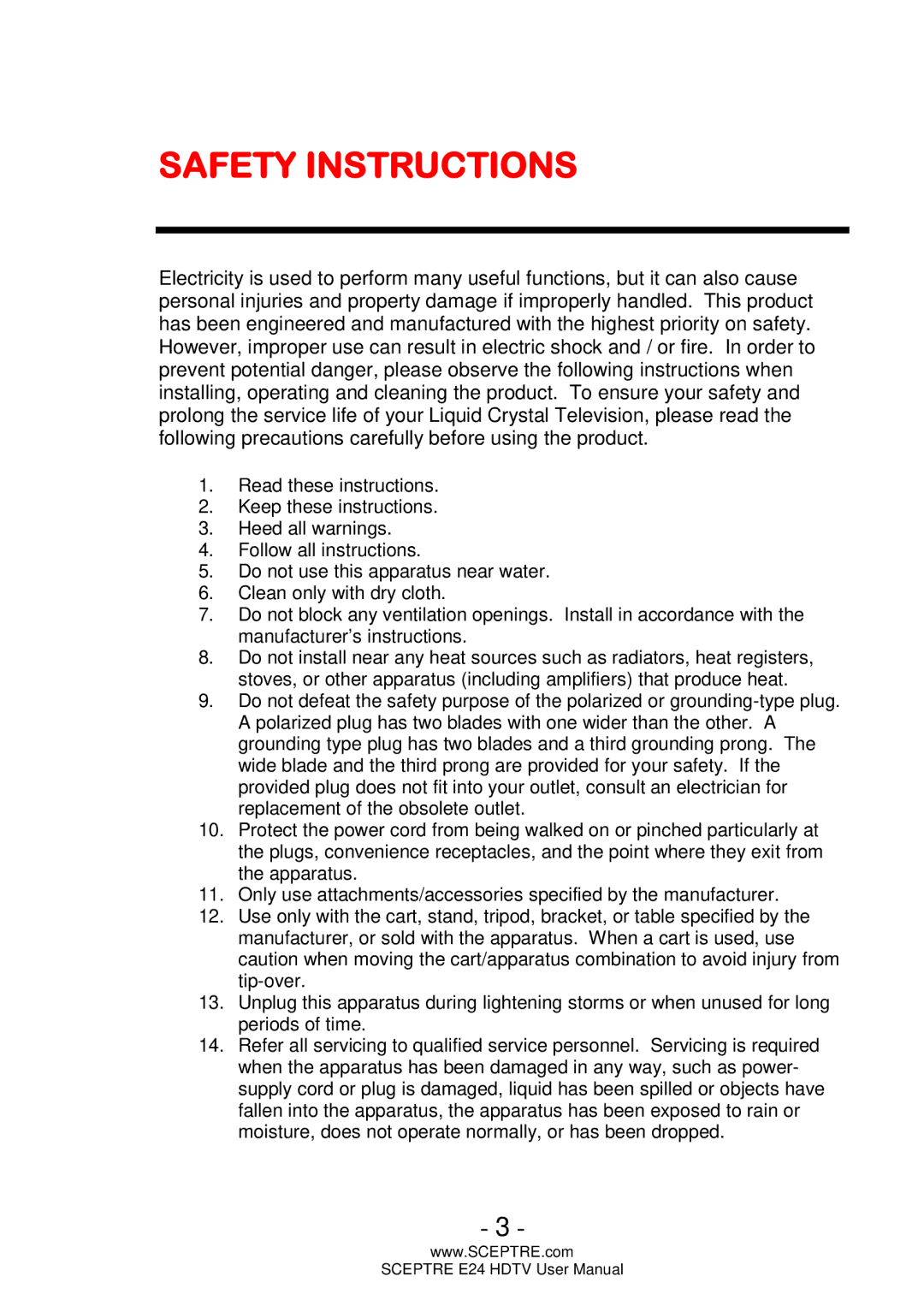 Sceptre Technologies E24 user manual Safety Instructions 