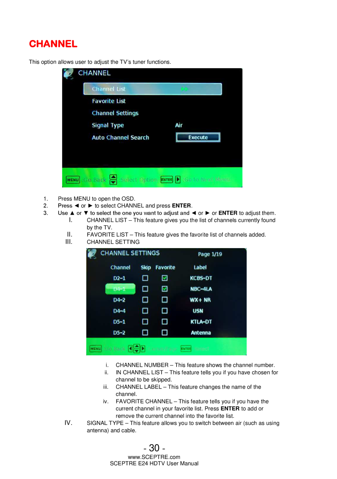 Sceptre Technologies E24 user manual Channel 