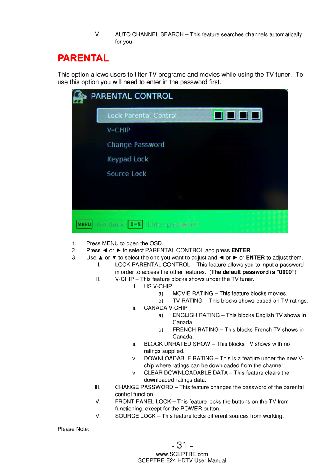 Sceptre Technologies E24 user manual Parental 