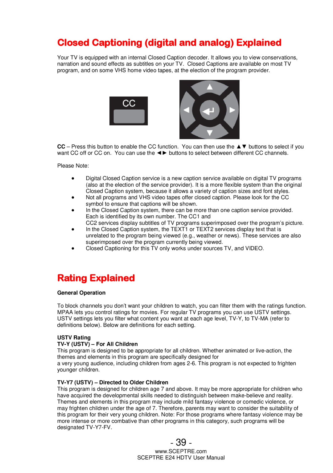 Sceptre Technologies E24 user manual Closed Captioning digital and analog Explained, Rating Explained 