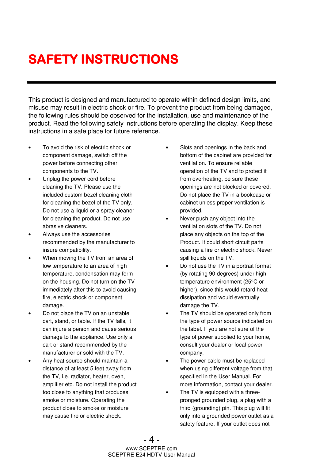 Sceptre Technologies E24 user manual Safety Instructions 