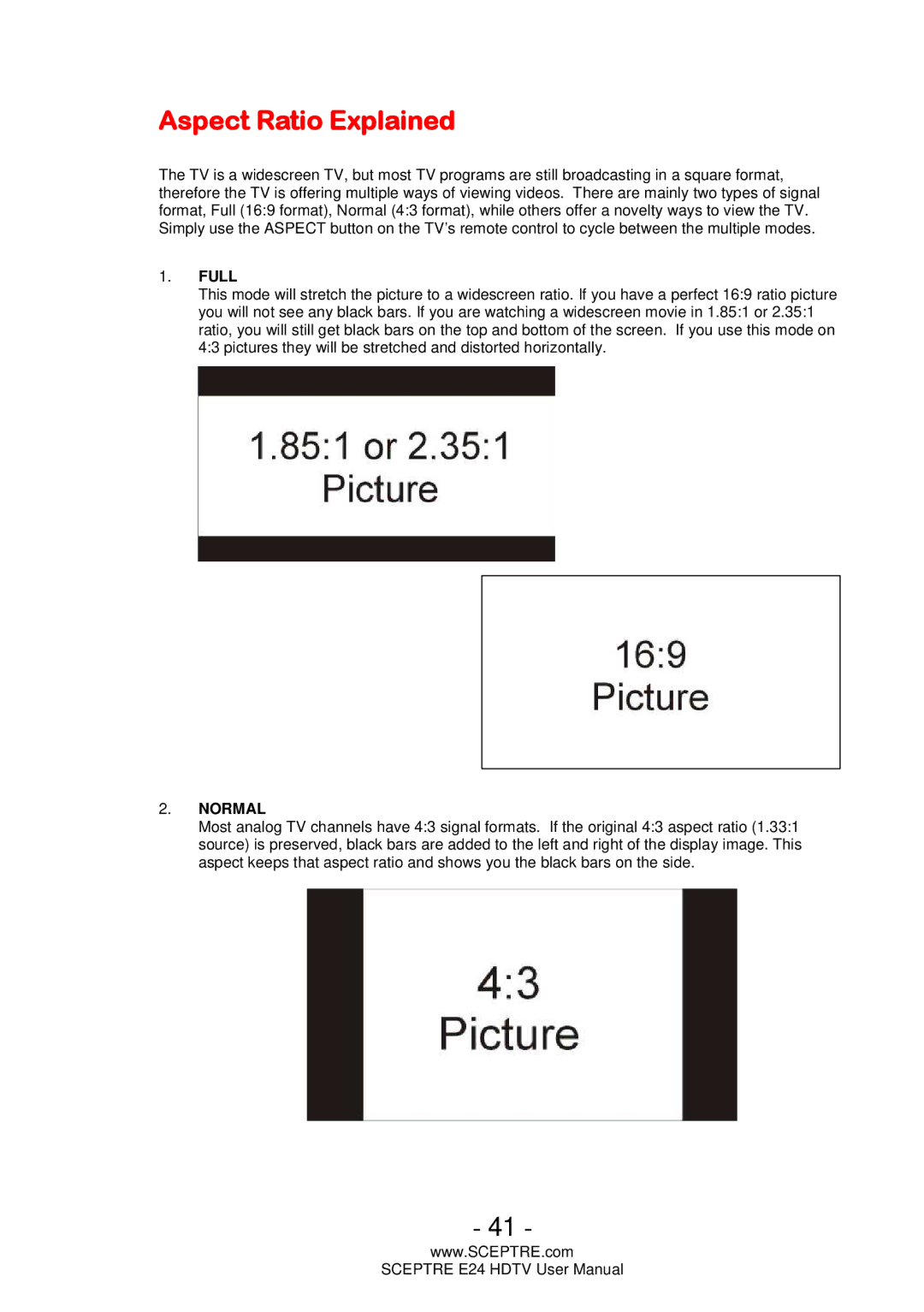 Sceptre Technologies E24 user manual Aspect Ratio Explained, Full 