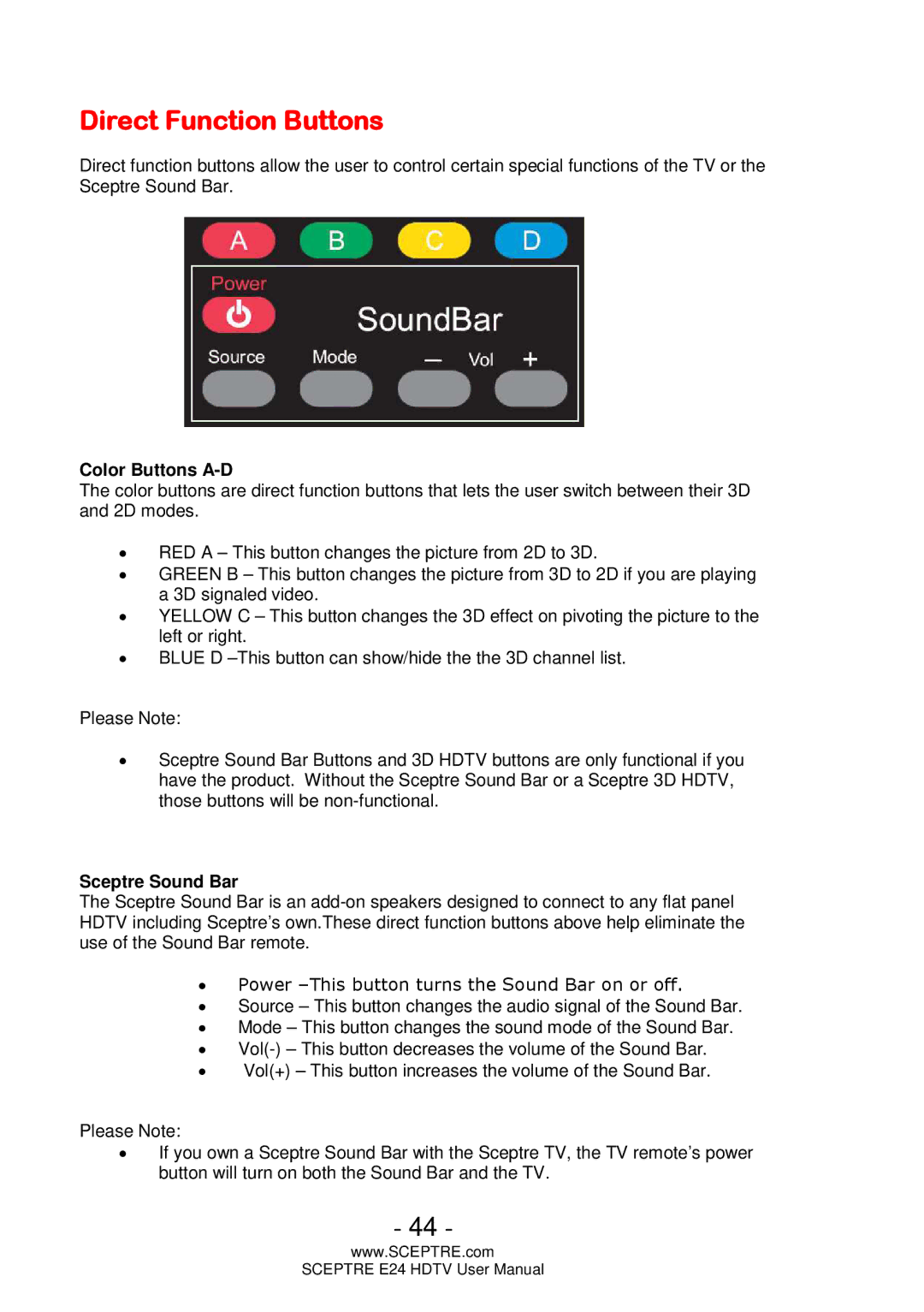 Sceptre Technologies E24 user manual Direct Function Buttons, Color Buttons A-D 