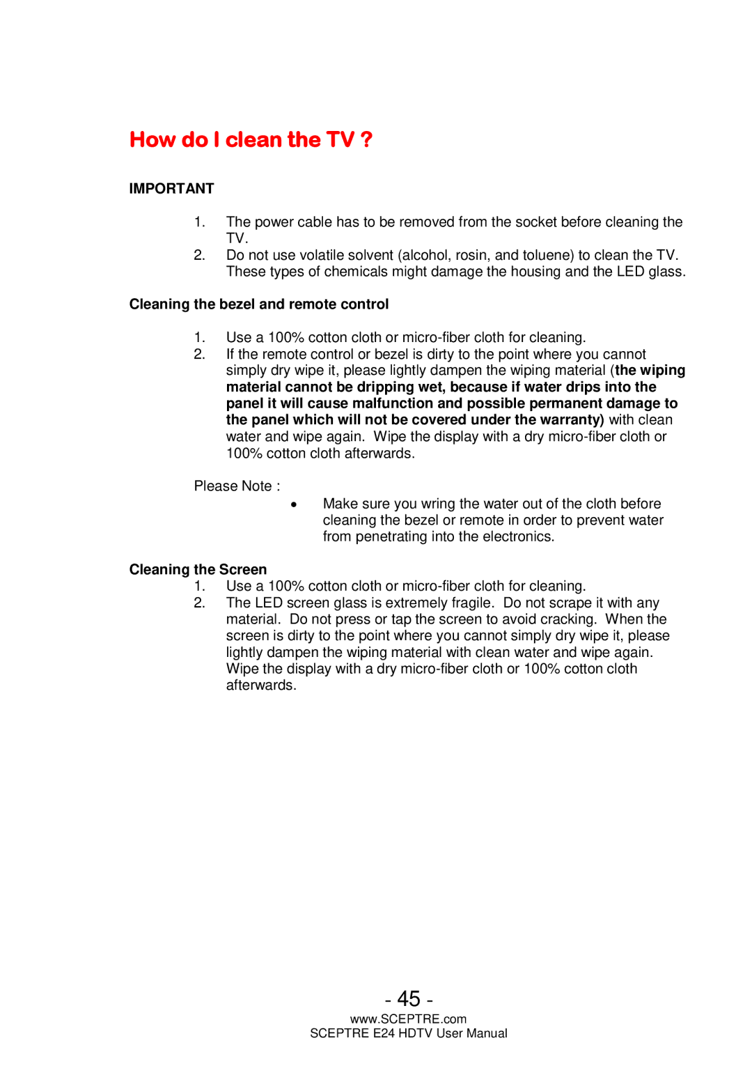 Sceptre Technologies E24 user manual How do I clean the TV ?, Cleaning the bezel and remote control 