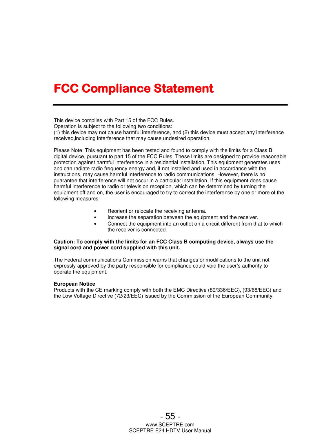 Sceptre Technologies E24 user manual FCC Compliance Statement, European Notice 