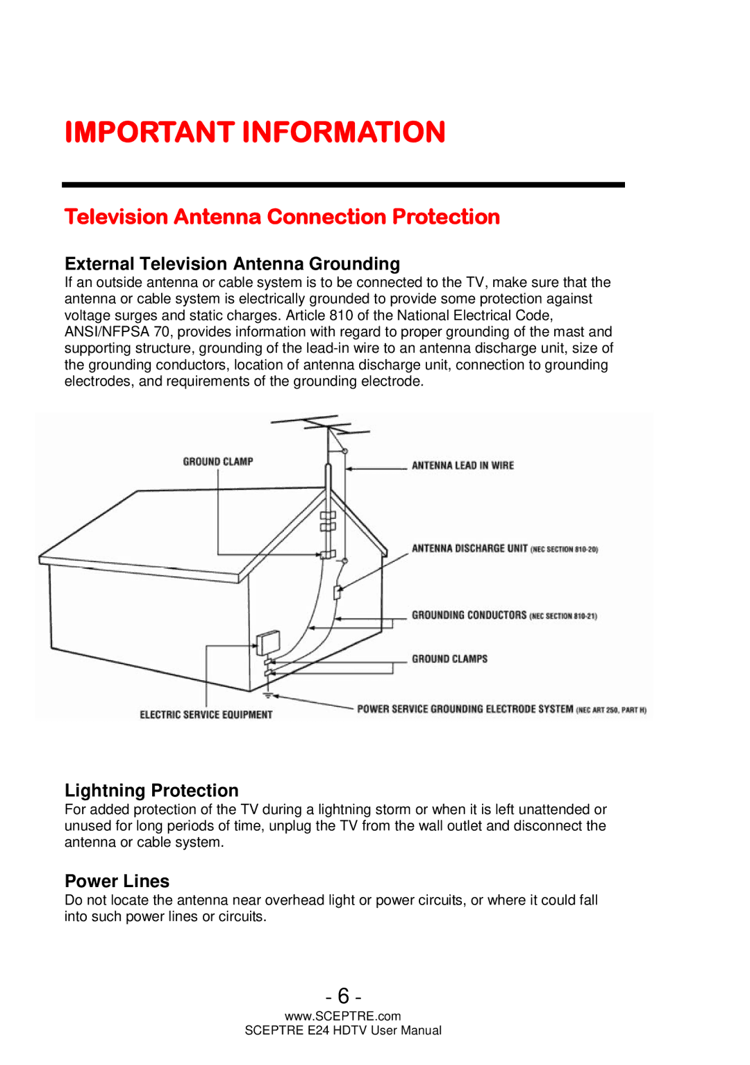 Sceptre Technologies E24 user manual Television Antenna Connection Protection, External Television Antenna Grounding 