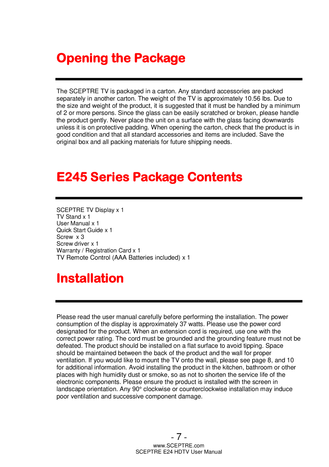 Sceptre Technologies user manual Opening the Package, E245 Series Package Contents, Installation 