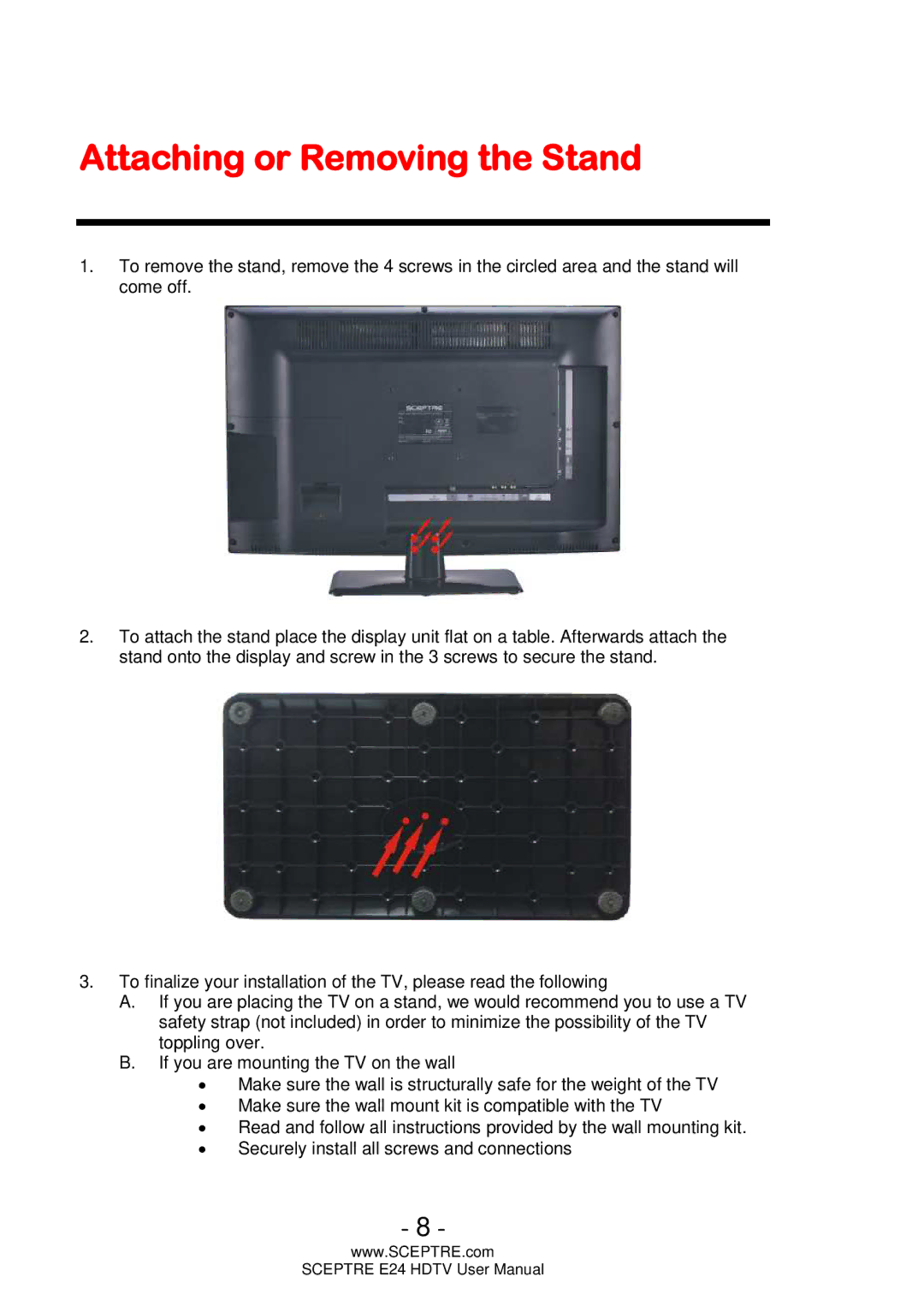 Sceptre Technologies E24 user manual Attaching or Removing the Stand 