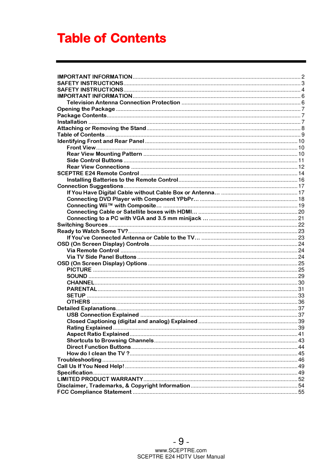 Sceptre Technologies E24 user manual Table of Contents 