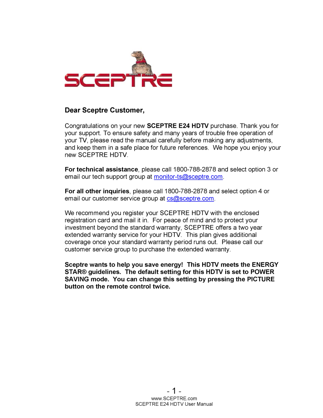 Sceptre Technologies E24 user manual Dear Sceptre Customer 