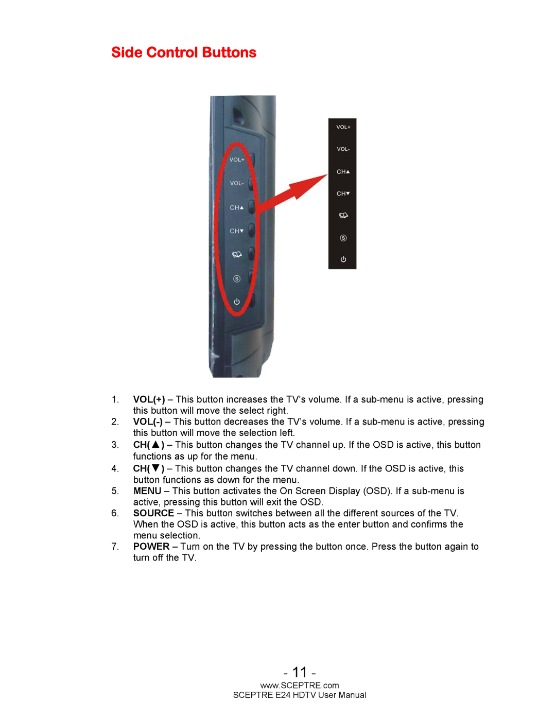 Sceptre Technologies E24 user manual Side Control Buttons 