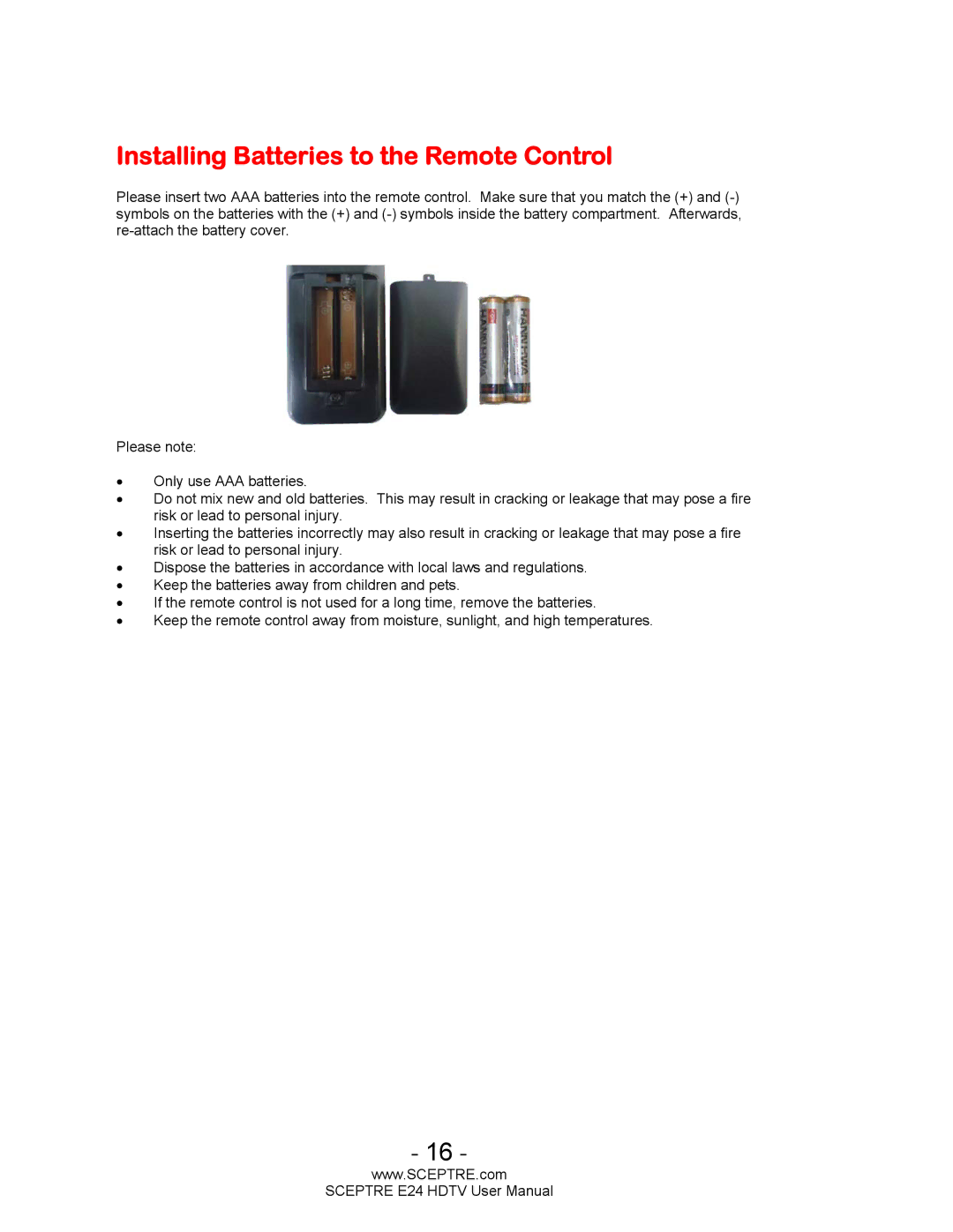 Sceptre Technologies E24 user manual Installing Batteries to the Remote Control 