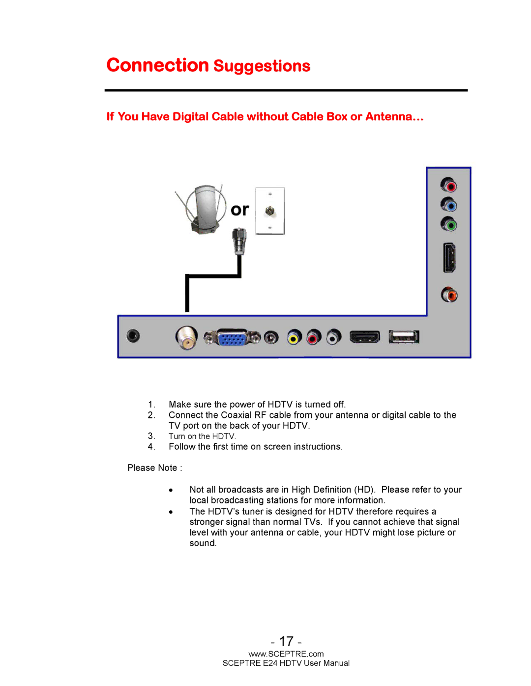 Sceptre Technologies E24 user manual Connection Suggestions, If You Have Digital Cable without Cable Box or Antenna… 