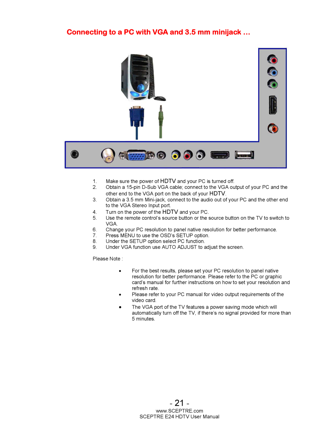 Sceptre Technologies E24 user manual Connecting to a PC with VGA and 3.5 mm minijack … 