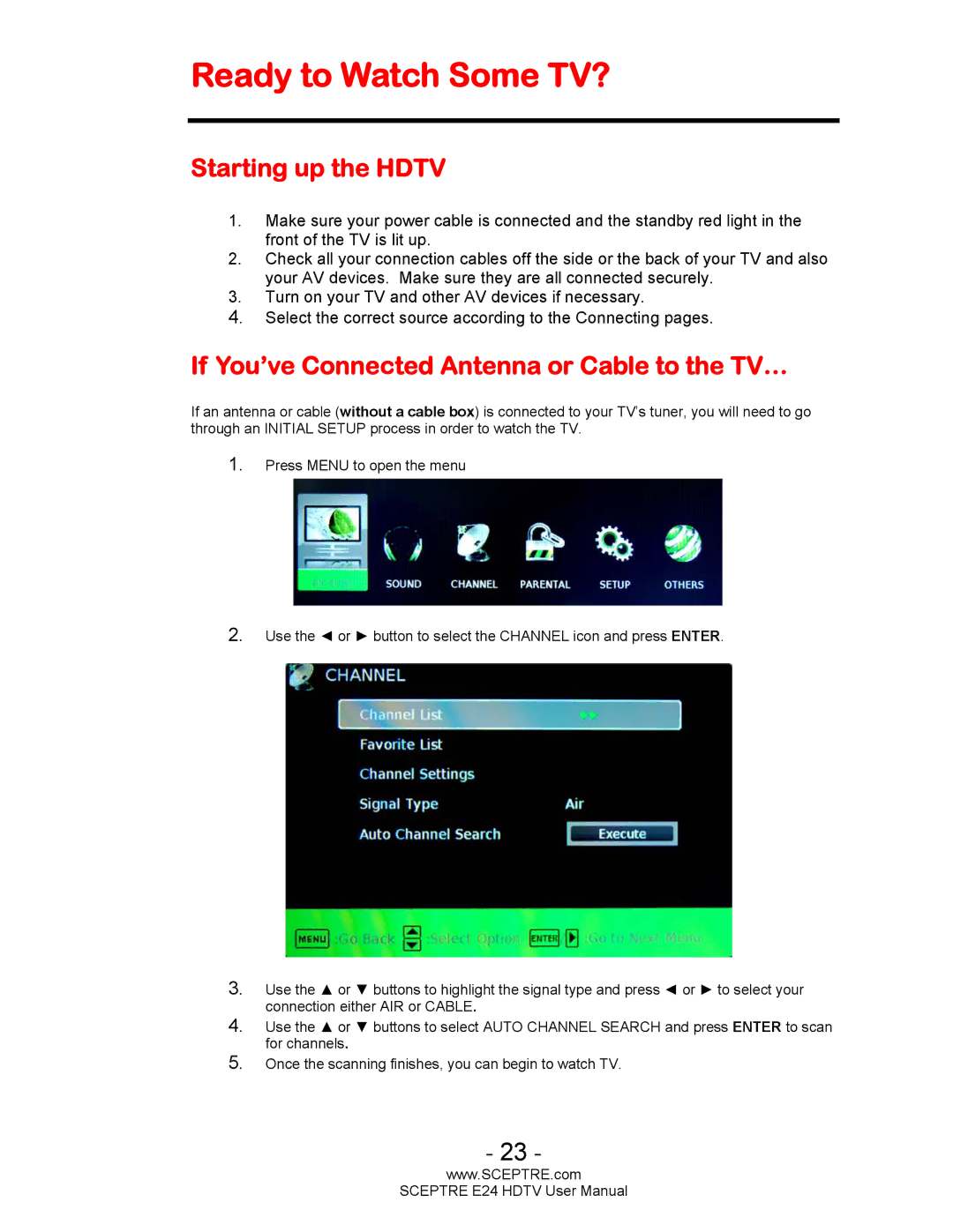 Sceptre Technologies E24 Ready to Watch Some TV?, Starting up the Hdtv, If You’ve Connected Antenna or Cable to the TV… 