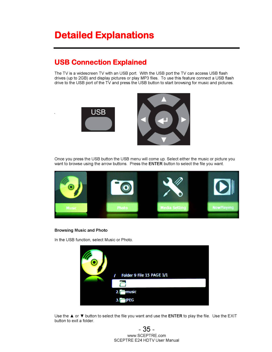 Sceptre Technologies E24 user manual Detailed Explanations, USB Connection Explained 