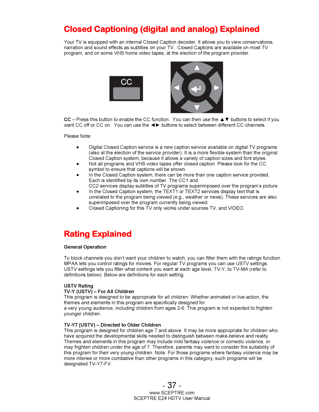 Sceptre Technologies E24 user manual Closed Captioning digital and analog Explained, Rating Explained 