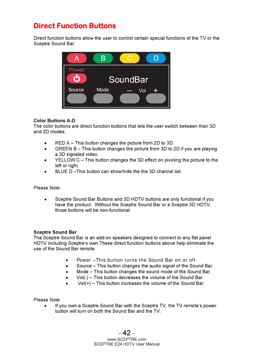 Sceptre Technologies E24 user manual Direct Function Buttons, Color Buttons A-D 