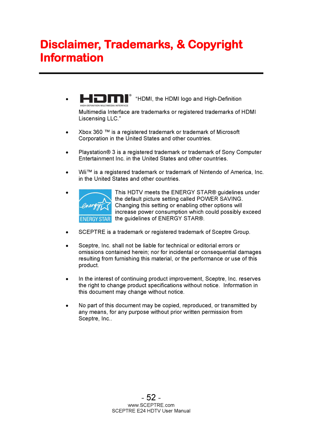 Sceptre Technologies E24 user manual Disclaimer, Trademarks, & Copyright Information 