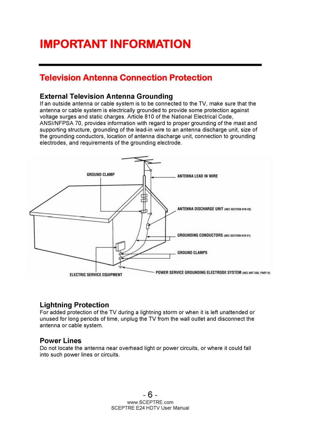 Sceptre Technologies E24 user manual Television Antenna Connection Protection, External Television Antenna Grounding 