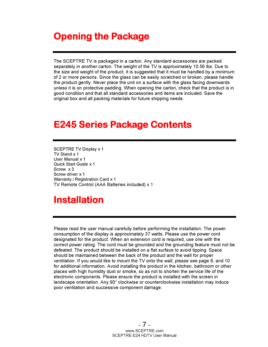 Sceptre Technologies user manual Opening the Package, E245 Series Package Contents, Installation 