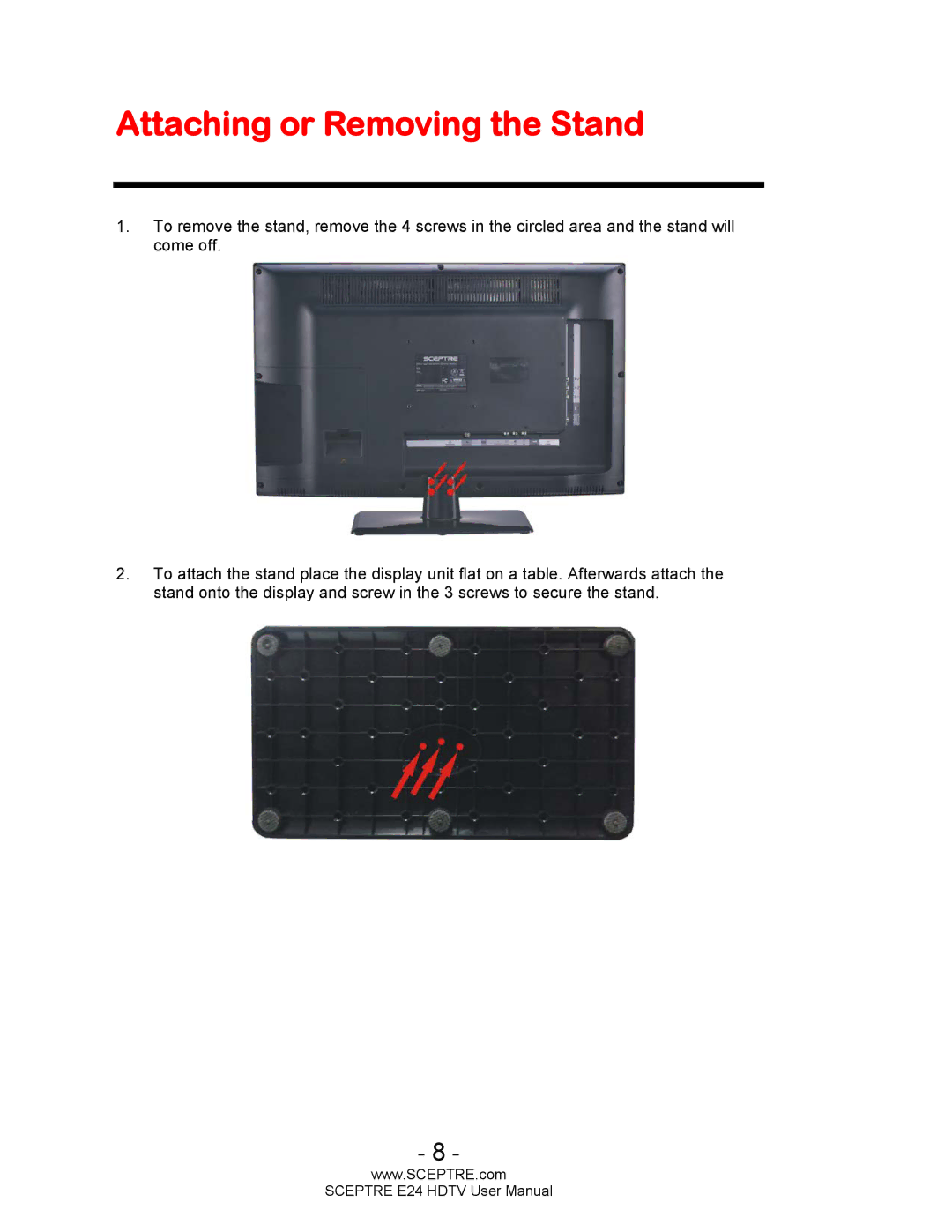 Sceptre Technologies E24 user manual Attaching or Removing the Stand 