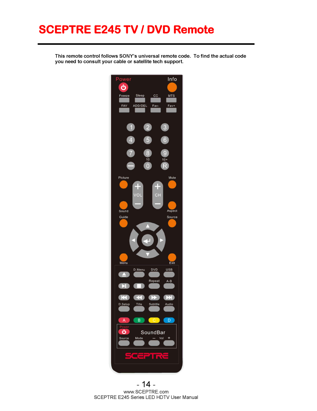 Sceptre Technologies E245BD-FHDU user manual Sceptre E245 TV / DVD Remote 