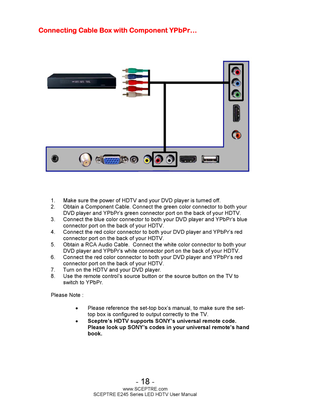 Sceptre Technologies E245BD-FHDU user manual Connecting Cable Box with Component YPbPr… 