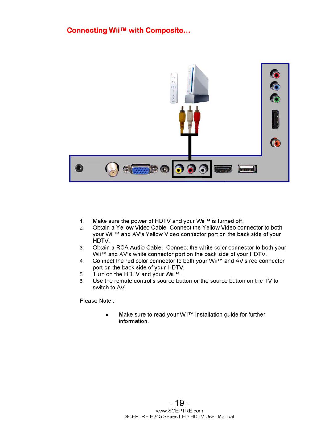 Sceptre Technologies E245BD-FHDU user manual Connecting Wii with Composite… 