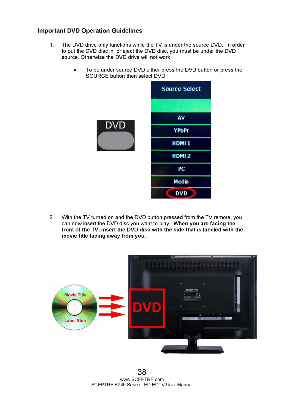 Sceptre Technologies E245BD-FHDU user manual Important DVD Operation Guidelines 