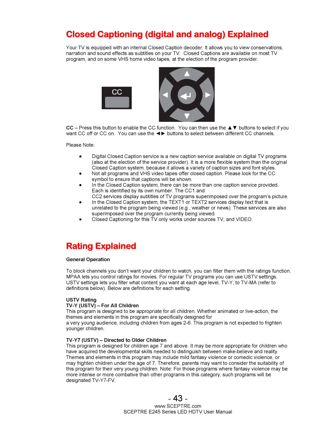 Sceptre Technologies E245BD-FHDU user manual Closed Captioning digital and analog Explained, Rating Explained 