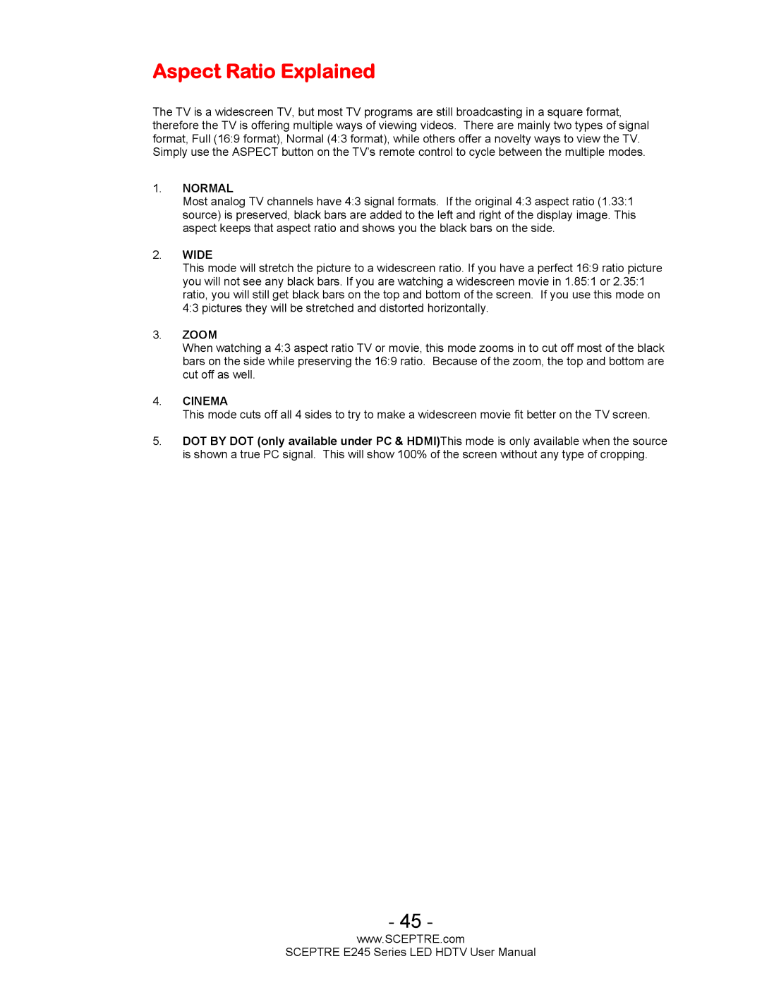 Sceptre Technologies E245BD-FHDU user manual Aspect Ratio Explained, Normal 