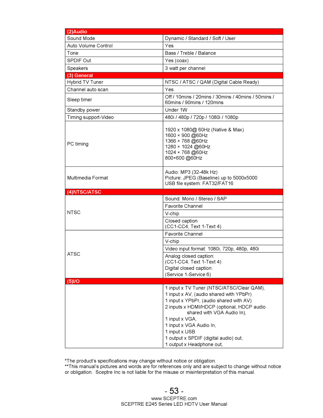 Sceptre Technologies E245BD-FHDU user manual 4NTSC/ATSC 