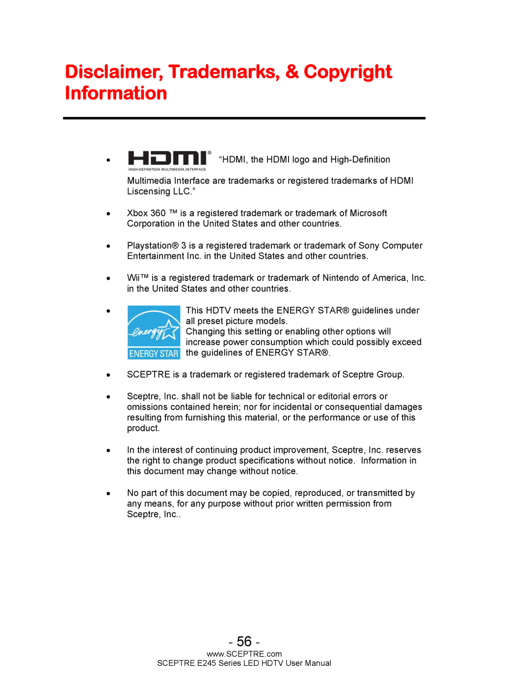 Sceptre Technologies E245BD-FHDU user manual Disclaimer, Trademarks, & Copyright Information 