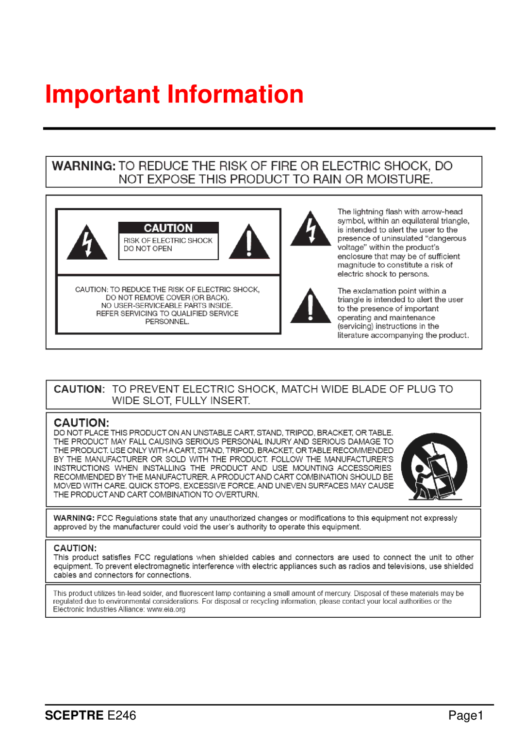 Sceptre Technologies E246 manual Important Information 