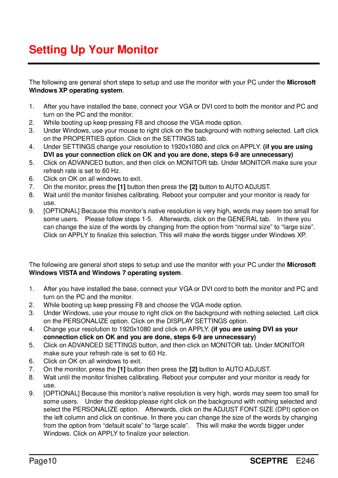 Sceptre Technologies E246 manual Setting Up Your Monitor 