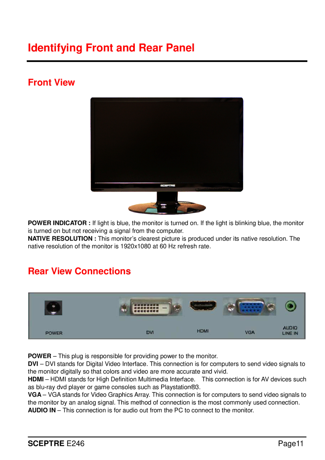 Sceptre Technologies E246 manual Identifying Front and Rear Panel, Front View 