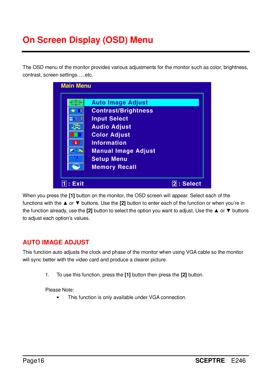 Sceptre Technologies E246 manual On Screen Display OSD Menu, Auto Image Adjust 