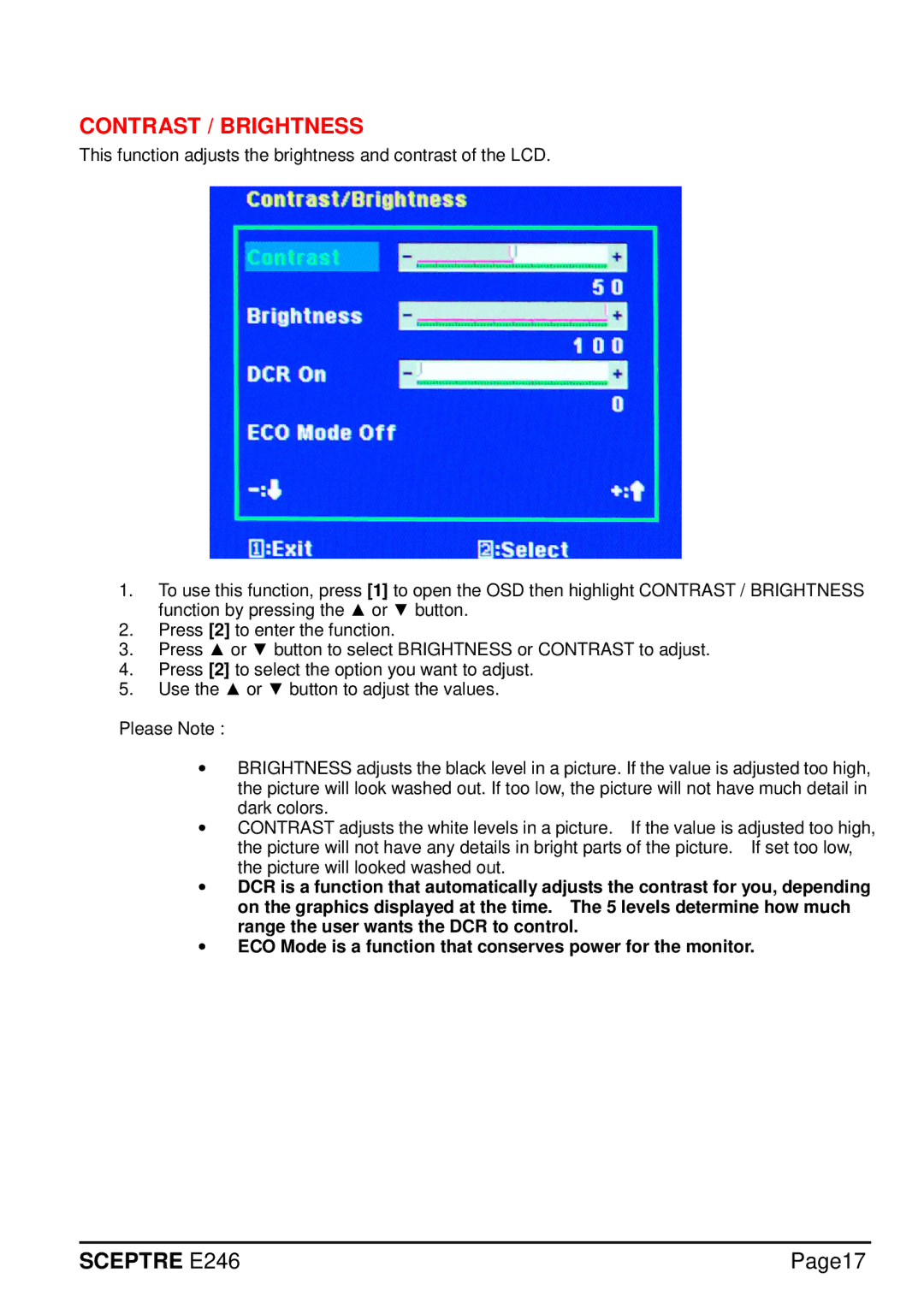 Sceptre Technologies E246 manual Contrast / Brightness 